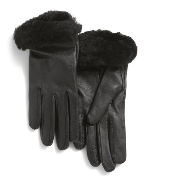 UGG Accessories - UGG Black Leather Classic Shorty Gloves With Shearling Sheepskin Cuffs